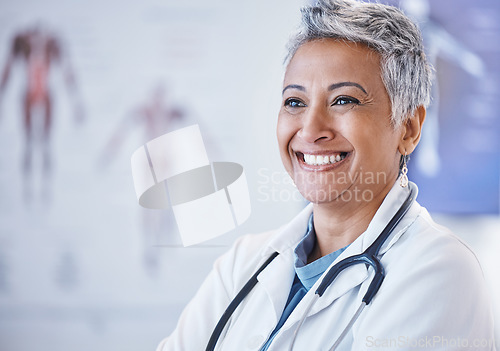 Image of Senior woman, doctor and smile for healthcare, thinking or cardiology at the hospital. Face of happy elderly female medical expert smiling with idea for health or life insurance at clinic on mockup