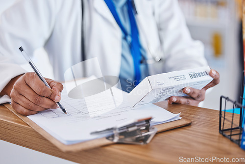 Image of Doctor, hands and clipboard with pill information and insurance agreement document. Hospital, clinic and healthcare worker with medication writing and paperwork for report and research application