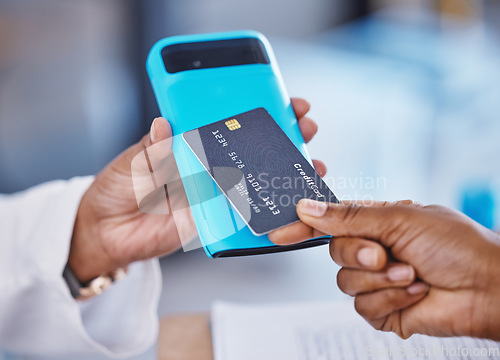 Image of Doctor, hands and credit card in healthcare payment, electronic transaction or purchase at pharmacy. Hand of patient or medical pharmacist paying for service, finance or consultation on mobile device