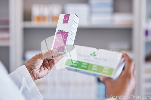 Image of Doctor, hands and drugs for healthcare prescription, diagnosis or cure for illness or pain at pharmacy. Hand of medical expert or pharmacist with medicine, pills or medication for health insurance