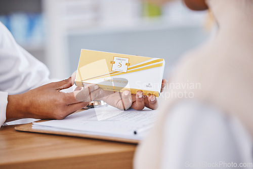 Image of Pharmacy, hands and pharmacist with medicine for customer giving healthcare advice or medical treatment. Prescription, allergy and doctor give drugs or medication for pain relief at a drugstore