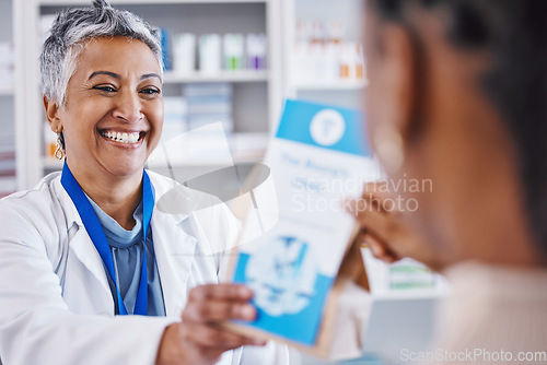 Image of Smile, pharmacist with prescription drugs in package and advice on health care, medicine and insurance. Healthcare, pharmacy and woman consultant at clinic with medical information with pills in bag.