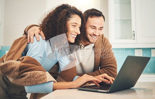 Image of Happy couple, laptop and typing for search, internet or social network for meme in home together. Young man, woman and computer with laughing, happiness and excited face for results of web research