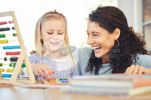 Image of Education, learning and mother and girl in home with abacus for lesson, homework and studying. Child development, happy family and mom and kid with educational toys for school, play and activity