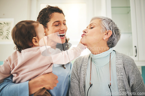 Image of Grandmother, mother and baby happy in home for bonding, quality time and playing together. Love, family and mom carrying child with grandma play for loving, affection and happiness in living room