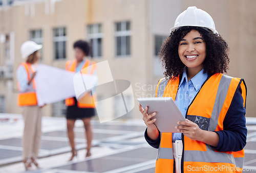 Image of Solar panels, engineering and portrait of woman and tablet for planning, renewable energy and leadership. Sustainability, technology and photovoltaic maintenance with female engineer for inspection