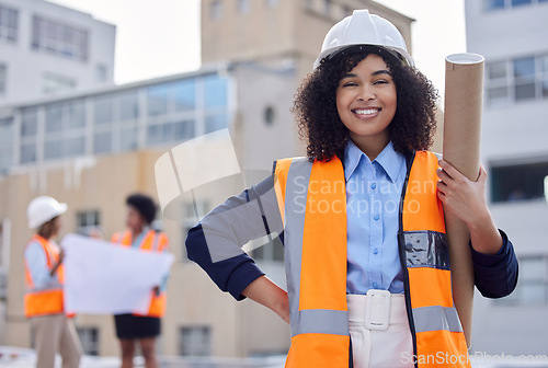 Image of Construction worker, woman with blueprint and floor plan, engineering and architect at work site. Project management, portrait and happy female contractor, building industry and labor outdoor