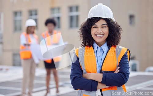 Image of Construction worker, woman with smile in portrait and builder at work site with engineering and architecture. Happy female contractor in helmet, building industry and infrastructure with arms crossed