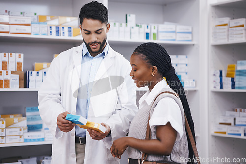 Image of Pharmacy pills, customer question and black woman with pharmacist at a wellness and health store. Happy, drugs ingredients and male healthcare professional consulting about product and medicine