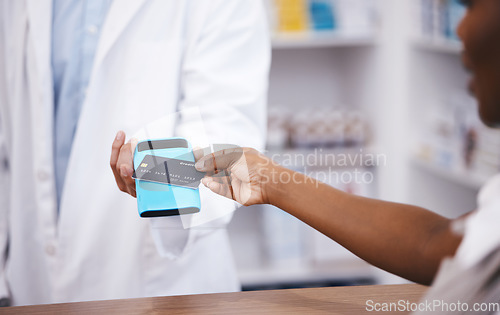 Image of Pharmacy, credit card and payment with hands of people for retail, shopping and fintech banking service. Digital money, cashless and technology with machine and customer for electronic transaction