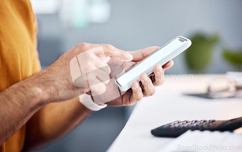 Image of Man, hands and phone in finance planning, budget or calculations for banking, salary or account at office. Hand of male on mobile smartphone with mockup screen or display in financial audit at desk