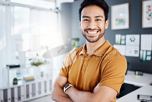 Image of Portrait, crossed arms and happy business man, person or entrepreneur smiling for management, startup or mindset. Businessman, success and male agent with work happiness, mission or confidence