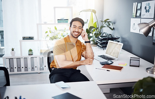 Image of Office portrait, employee smile and happy man, business worker or male agent relax after administration research. Management, bookkeeping or Asian accountant with confidence, career growth or success