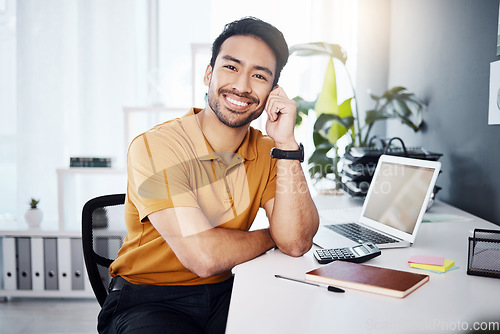 Image of Office portrait, accountant and happy man, relax bookkeeper or Asian consultant with accounting success. Administration, bookkeeping admin and person with happiness, entrepreneurship or bank pride