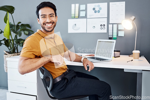 Image of Portrait, workplace smile or happy man, business employee or male agent relax after for creative research. Web designer, SEO success or person with confidence, career growth or done with UX webdesign