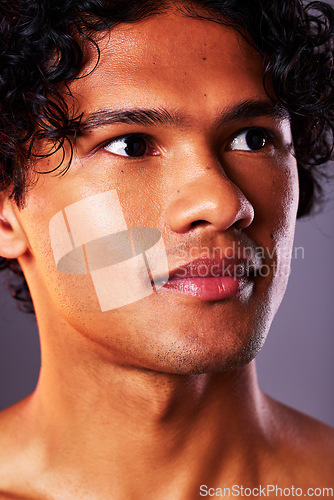 Image of Face, beauty and man model with skincare, self care and smooth skin isolated in gray studio background. Closeup head, Latino and serious male person with cosmetic, dermatology and facial wellness