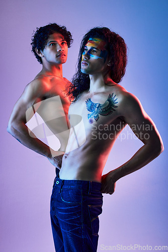 Image of Skin, creativity and body of men model for beauty with paint as artwork isolated in a purple studio background. Colorful, neon and creative people for artistic beauty or fashion in a backdrop