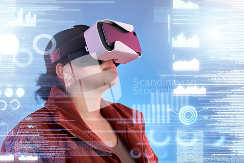 Image of Metaverse, woman or virtual reality glasses with overlay for digital transformation, charts or graphs online. Girl with cool vr headset in holographic cyber 3d technology for big data or future news