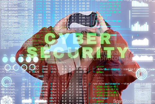 Image of Cybersecurity, woman or virtual reality glasses with hologram for digital transformation, charts or graphs. Hacker with vr headset or overlay of online 3d code technology for big data or future news