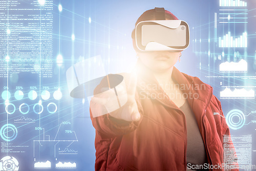 Image of Light, woman or virtual reality glasses with overlay for digital transformation, 3d charts or graphs online. Girl with vr headset in holographic cybersecurity technology for big data or future news