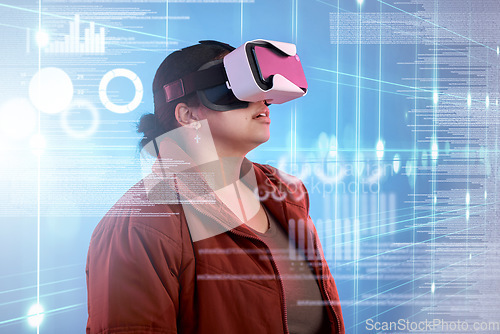 Image of Metaverse, girl or virtual reality glasses with overlay for digital transformation, charts or graphs online. Woman with cool vr headset in holographic cyber 3d technology for big data or future news