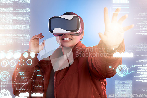 Image of Light, woman or virtual reality glasses with hologram for digital transformation, 3d charts or graphs online. Girl with vr headset in holographic cybersecurity technology for big data or future news