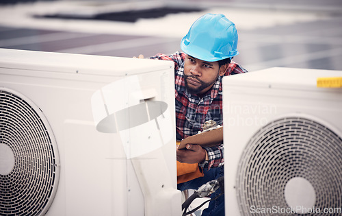 Image of Technician clipboard, air conditioner or inspection on rooftop safety, power or maintenance. Electrician, black man or paperwork for hvac system, ac repair or quality assurance of temperature control