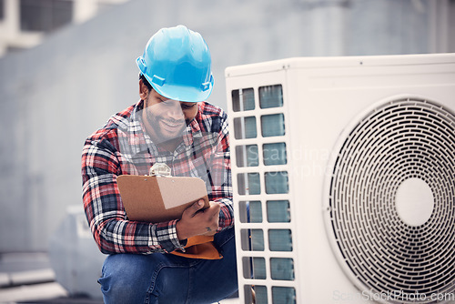 Image of Air conditioner, clipboard and technician man inspection, maintenance and safety check for electrical power generator. Happy electrician, african person or contractor, checklist and roof engineering