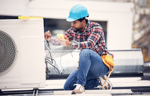 Image of Air conditioner, cables and technician man ac repair, maintenance or working on electrical power generator. African person, electrician or contractor with electricity, heat pump check and engineering