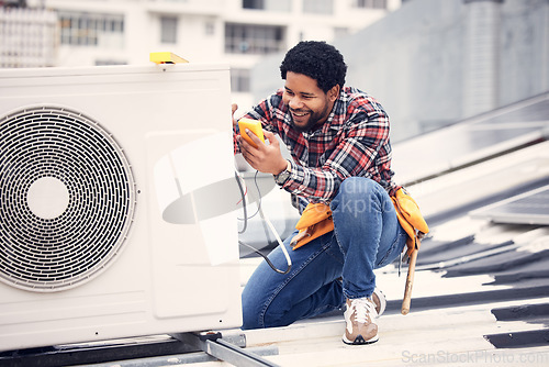 Image of Air conditioner, happy and technician man ac repair, maintenance or inspection of electrical heat pump or generator. Black person, electrician or contractor with electricity, cables check and rooftop