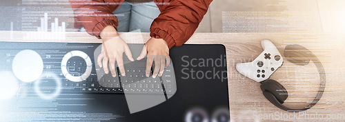 Image of Person, gaming hologram or hands typing on keyboard online streaming on digital website at home. Woman, top or gamer playing pc electronics video games or coding on computer database or programming