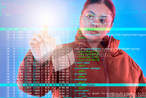 Image of Double exposure, code or woman hacker coding, phishing or typing on cybersecurity database online. Big data programmer, light or girl hacking for digital transformation on ai cloud computing website