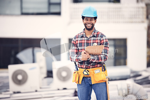 Image of Engineering, portrait and man on clipboard for air conditioner maintenance, inspection or technician ac repair. Happy African person, handyman or electrician, electrical checklist and rooftop service