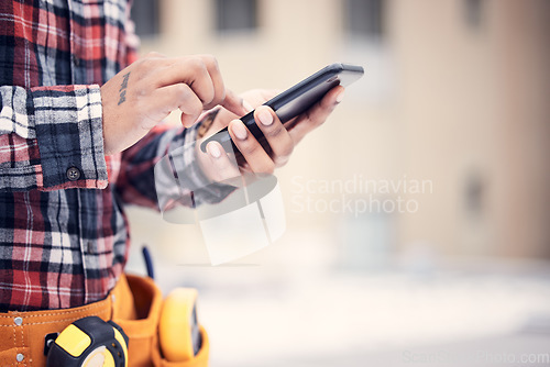 Image of Phone, hands and maintenance man typing online search for repair instructions, guide manual or scroll on website ui. Outdoor mobile connection, smartphone mockup and male handyman check schedule info