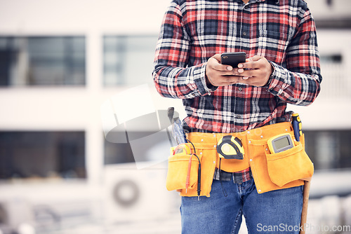 Image of Phone, worker hands or construction man typing internet, online web search and message maintenance industry contact. Connection, smartphone mockup or urban person, contractor or handyman texting user