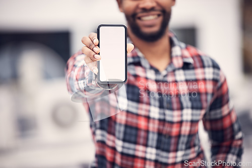 Image of Mockup phone, hands and happy man with screen copy space, marketing product placement and advertising mobile. Cellphone presentation, brand logo and male with mock up smartphone, online news or info