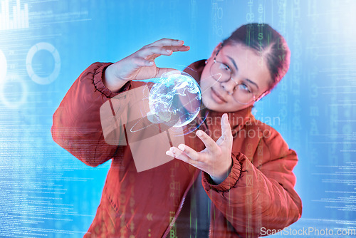 Image of Earth hologram, global network or hands of girl with future cybersecurity or worldwide networking media. Cloud computing hacker, holographic iot planet or cyber person with globe digital information