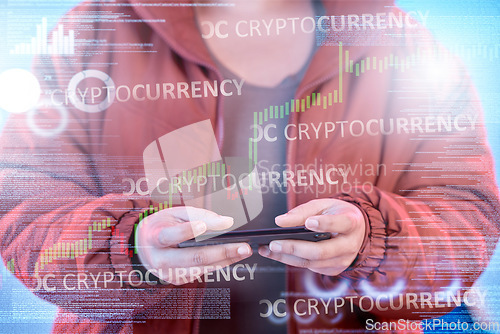 Image of Cryptocurrency hologram, phone or hands of woman trading on stock market to check financial investments. Closeup, charts data or trader reading price growth news in global or digital economy online