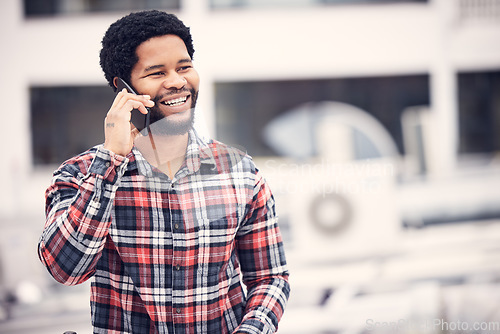 Image of Phone call communication, urban and happy black man talking, networking or speaking on outdoor mobile conversation. Smartphone chat, city rooftop or African person consulting with cellphone contact