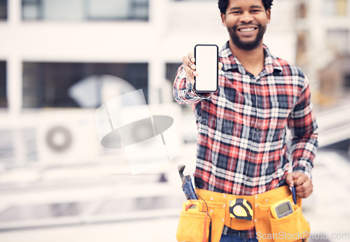 Image of Mockup phone, maintenance or happy black man with marketing service, advertising screen or mobile notification. Presentation, rooftop handyman promotion or mock up person with smartphone announcement