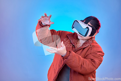 Image of Vr gaming or girl in metaverse studio for future innovation, gaming or 3d on blue background. Futuristic media mockup, technology software or woman gamer with digital virtual reality glasses online