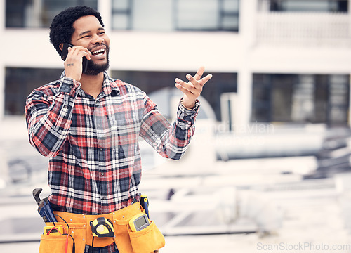 Image of Phone call, contractor and laughing man talking, networking or speaking about funny conversation joke. Comedy chat, rooftop handyman or African maintenance person consulting with inspection contact