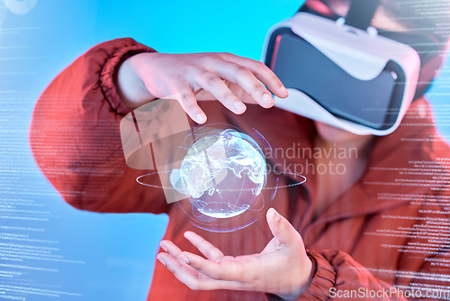 Image of Metaverse, woman or virtual reality Earth with overlay for digital transformation, global network online. Girl with vr headset in holographic cyber 3d technology for big data, globe or future news