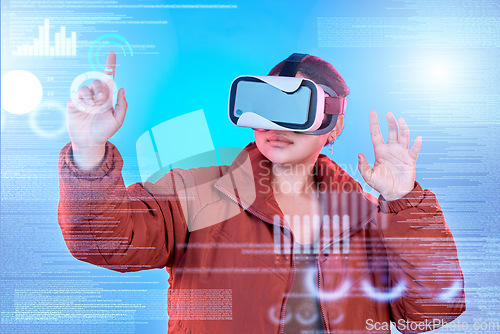 Image of 3d, woman or virtual reality glasses with overlay for digital transformation, charts info or graphs online. Girl hacker with vr headset in holographic cyber technology for big data ux or future news