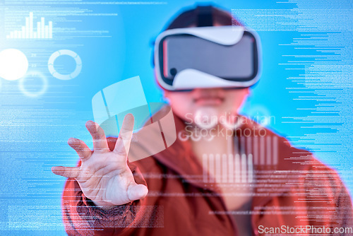 Image of Metaverse, hand or woman in virtual reality with overlay for digital transformation, charts or graphs online. Girl with vr headset in holographic cyber 3d technology for big data info or future news