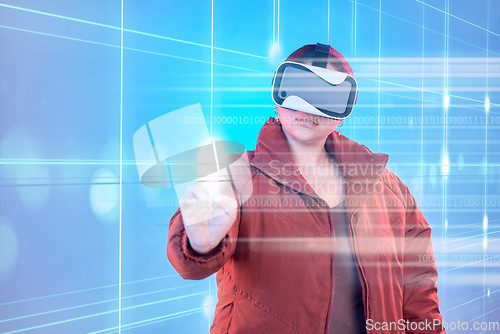 Image of Light, woman or virtual reality glasses with holographic for digital transformation, 3d touch or media online. Girl with vr headset in hologram cybersecurity technology for big data or web future