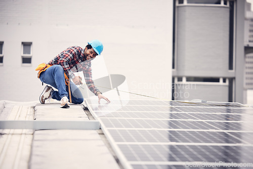 Image of Happy portrait man, solar panel and tape measure for photovoltaic grid, electricity sustainability or renewable energy. Rooftop quality inspection, African male handyman and power supply maintenance