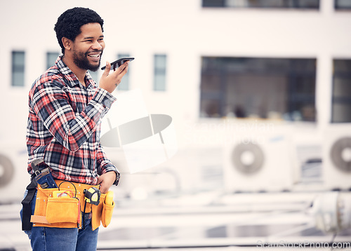 Image of Speaker phone call, contractor and happy black man talking, chat or networking on cell conversation. Voice mail note, speech to mobile communication for male handyman consulting on smartphone contact