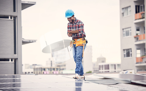 Image of Solar panel inspection, clipboard or happy black man check quality of photovoltaic cell, sustainability or renewable energy. Rooftop maintenance, checklist or male technician doing electricity test