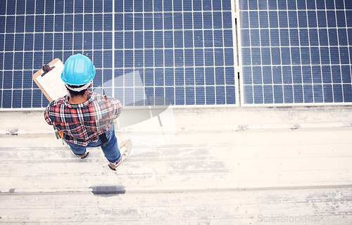 Image of Solar panel, clipboard and technician man inspection, energy saving maintenance and sustainable power above. Engineering person, electrician or contractor and checklist for photovoltaic grid safety